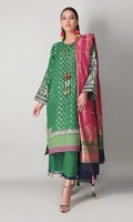 A lovely green 3 piece unstitched jacquard karandi outfit with floral prints.