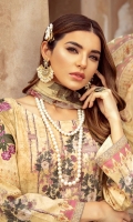 Digital printed shirt 3 meter  Digital printed bambar chiffon dupatta 2.5 meter  Embroidered patch for front  Embroidered patches for sleeves  Embroidered lace for daman   Embroidered lace for trouser   Dyed trouser 2.5 meter