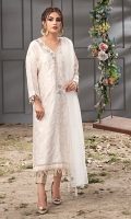 This off white zari cotton shirt with hand embellishments on the neckline and tissue scallop shirt is paired with tissue pants and net dupatta. *The length of the shirt is 45 inches.