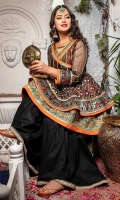 Majestic black embroidered double layered top with gold sequins embroidery along with tilla thread criss cross, angrakha styled detailed neckline with solid orange edging and gota kinari lined with printed material. Daaman border finished with turquoise scallop embroidery and banarsi textured lace. Paired with cotton gharara in black. (2PC stitched outfit)