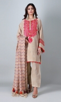 An off-white 3 piece unstitched khaddar outfit with stylized prints.