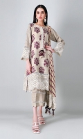 A soothing beige 3 piece unstitched light khaddar outfit with floral prints.