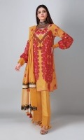 A sunny yellow 3 piece unstitched cotton net outfit with stylized prints.