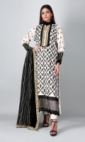 A pure white 3 piece unstitched khaddar outfit with stylized prints.