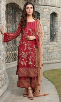 Embroidered Crinkle Chiffon Front 1 M Crinkle Chiffon Back 1 M Embroidered Patch For Front & Back 2 M Embroidered Crinkle Chiffon Sleeves 0.67 M Embroidered Crinkle Chiffon Dupatta 2.5 M Dupatta Embroidered Patch 4 Side 7.5 M Dyed Silk Trouser 2.5 M Trouser Embroidered Patch 1 M