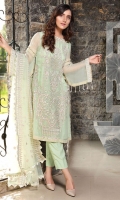 Embroidered Crinkle Chiffon Front 1 M Crinkle Chiffon Back 1 M Embroidered Patch For Front 1 M Embroidered Crinkle Chiffon Sleeves 0.67 M Sleevs Embroidered Patch 1 M Embroidered Net Dupatta 2.5 M Dyed Silk Trouser 2.5 M