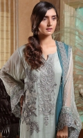 Embroidered Crinkle Chiffon Front 1 M Crinkle Chiffon Back 1 M Embroidered Patch A For Front & Back 2 M Embroidered Patch B For Front & Back 2 M Embroidered Crinkle Chiffon Sleeves 0.67 M Sleevs Embroidered Patch A 1 M Sleevs Embroidered Patch B 1 M Embroidered Crinkle Chiffon Dupatta 2.5 M Embroidered Silk Trouser 2.5 M