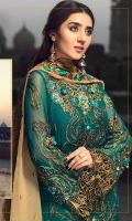 EMBROIDERED CHIFFON FRONT WITH 3D FLOWERS H.M 1 YD EMBROIDERED GALA WITH 3D FLOWERS H.M 1 PC EMBROIDERED CHIFFON BACK 1 YD EMBROIDERED CHIFFON SLEEVES WITH 3D FLOWERS 0.67 YD EMBROIDERED GHERA LACE 2 YDS EMBROIDERED SLEEVE LACE 1 YD EMBROIDERED CHIFFON DUPATTA 2.5 YDS EMBROIDERED GRIP SILK TROUSER 2.5 YDS